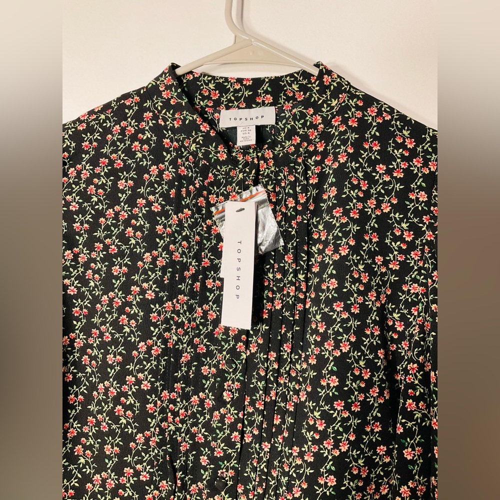 Topshop Blck Mini Dress with Floral Print ND puff Sleeves . - Picture 3 of 7
